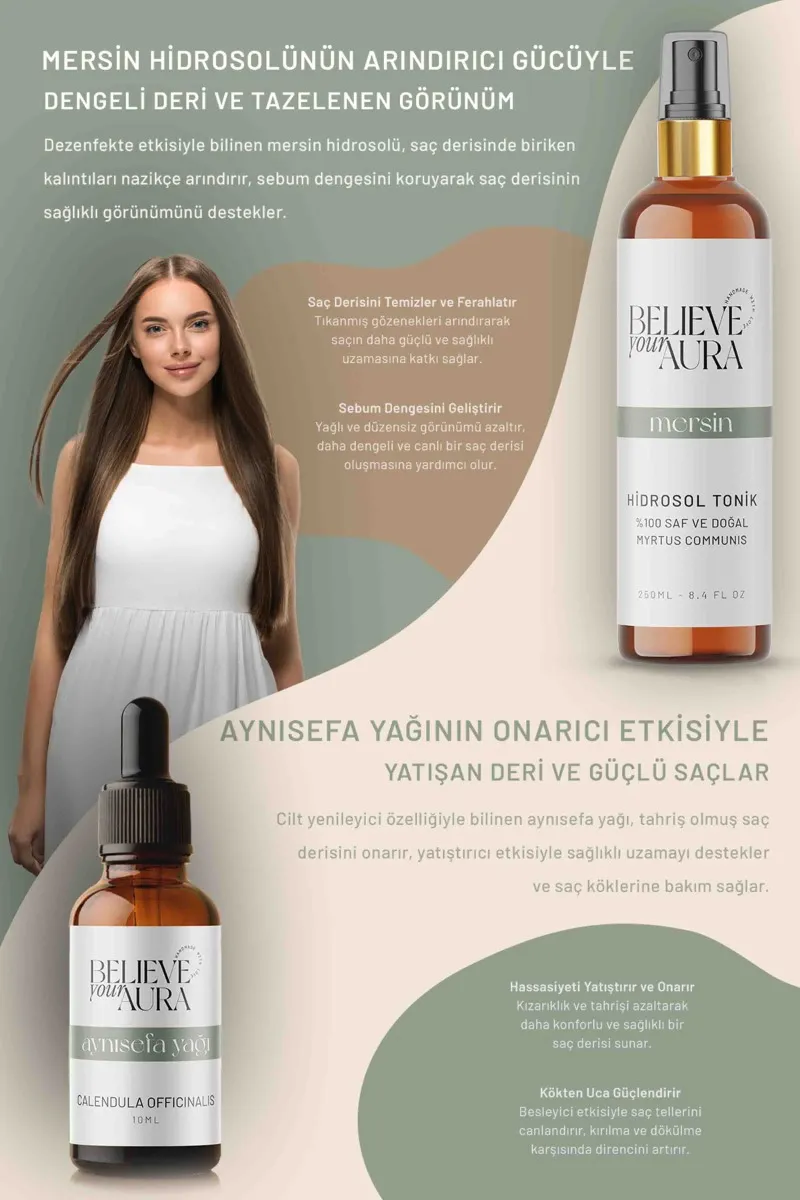 Believe Your Aura Aynısefa Yağı ve Mersin Hidrosolü Doğal Yatıştırıcı Onarıcı Saç ve Cilt Bakım Seti SACAYSMRS-2