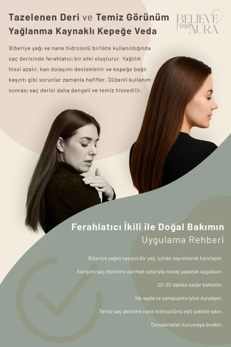 Believe Your Aura Biberiye Yağı ve Nane Suyu Dökülme Kepek Karşıtı Canlandırıcı Doğal Saç ve Cilt Bakım Seti SACBBRNNE-2
