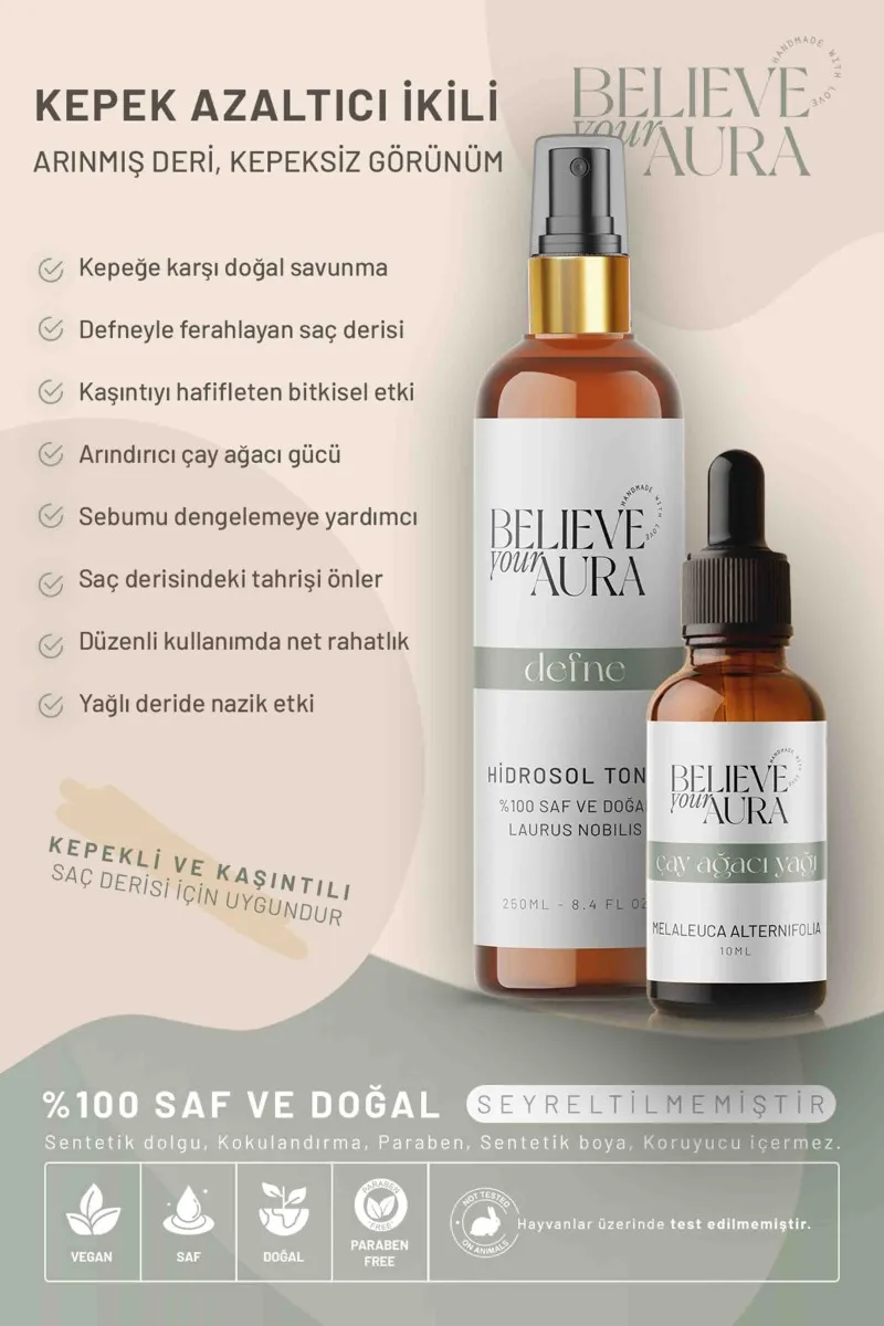 Believe Your Aura Çay Ağacı Yağı ve Defne Suyu Kepek Karşıtı Arındırıcı Doğal Saç ve Cilt Bakım Seti SACCAYDFN-2