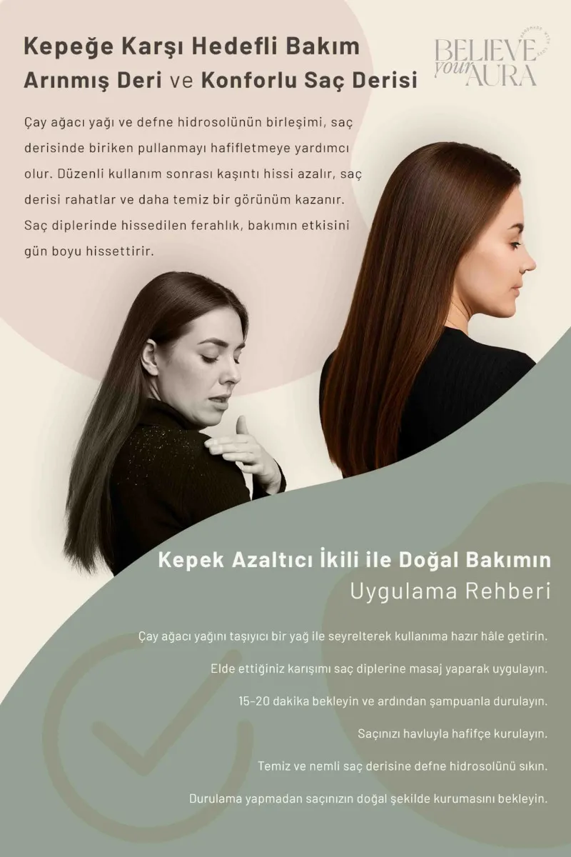 Believe Your Aura Çay Ağacı Yağı ve Defne Suyu Kepek Karşıtı Arındırıcı Doğal Saç ve Cilt Bakım Seti SACCAYDFN-2