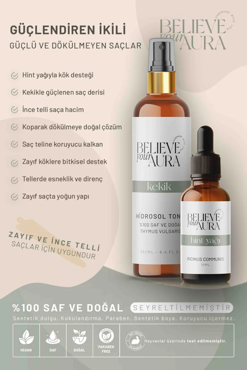 Believe Your Aura Hint Yağı ve Kekik Hidrosolü Arındırıcı Besleyici Güçlendirici Doğal Saç ve Cilt Bakım Seti SACHNTKEK-2
