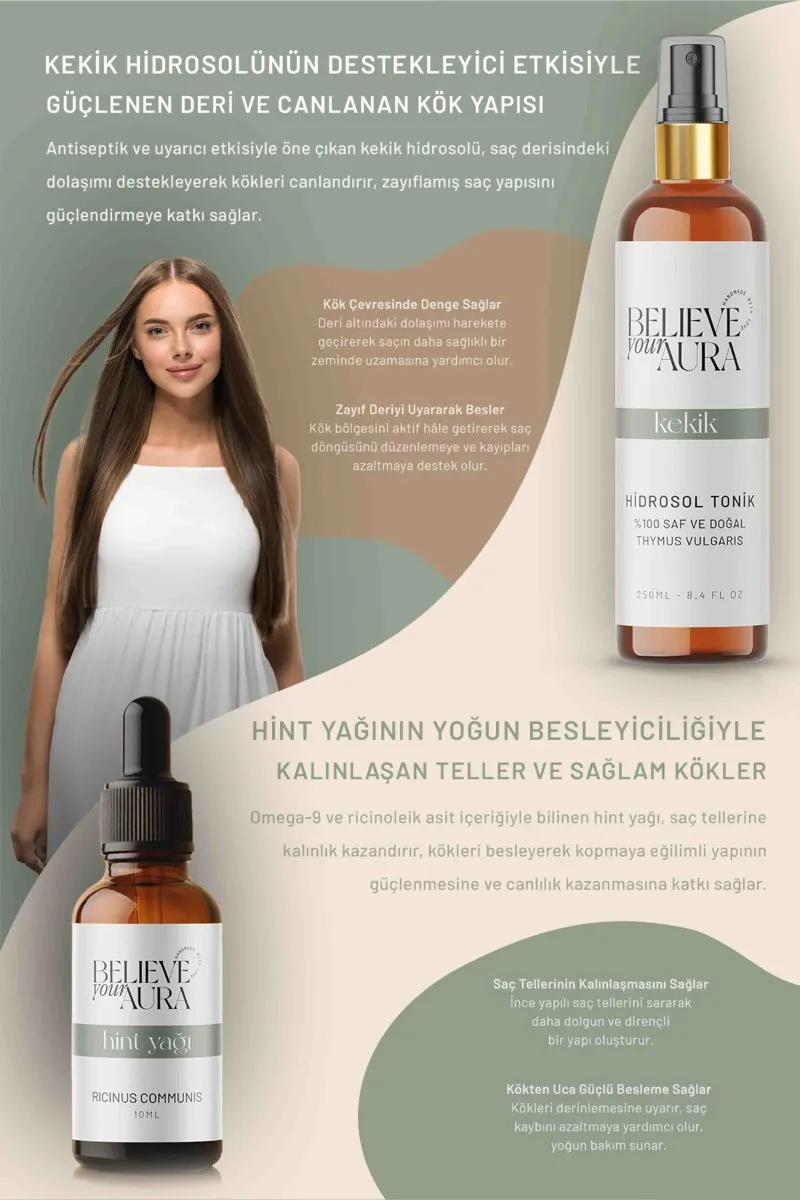 Believe Your Aura Hint Yağı ve Kekik Hidrosolü Arındırıcı Besleyici Güçlendirici Doğal Saç ve Cilt Bakım Seti SACHNTKEK-2