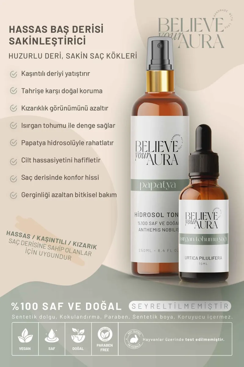 Believe Your Aura Isırgan Tohumu Yağı ve Papatya Suyu Kepek Karşıtı Yatıştırıcı Doğal Cilt ve Saç Bakım Seti SACISTBBR-2
