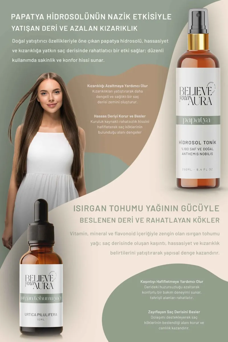 Believe Your Aura Isırgan Tohumu Yağı ve Papatya Suyu Kepek Karşıtı Yatıştırıcı Doğal Cilt ve Saç Bakım Seti SACISTBBR-2