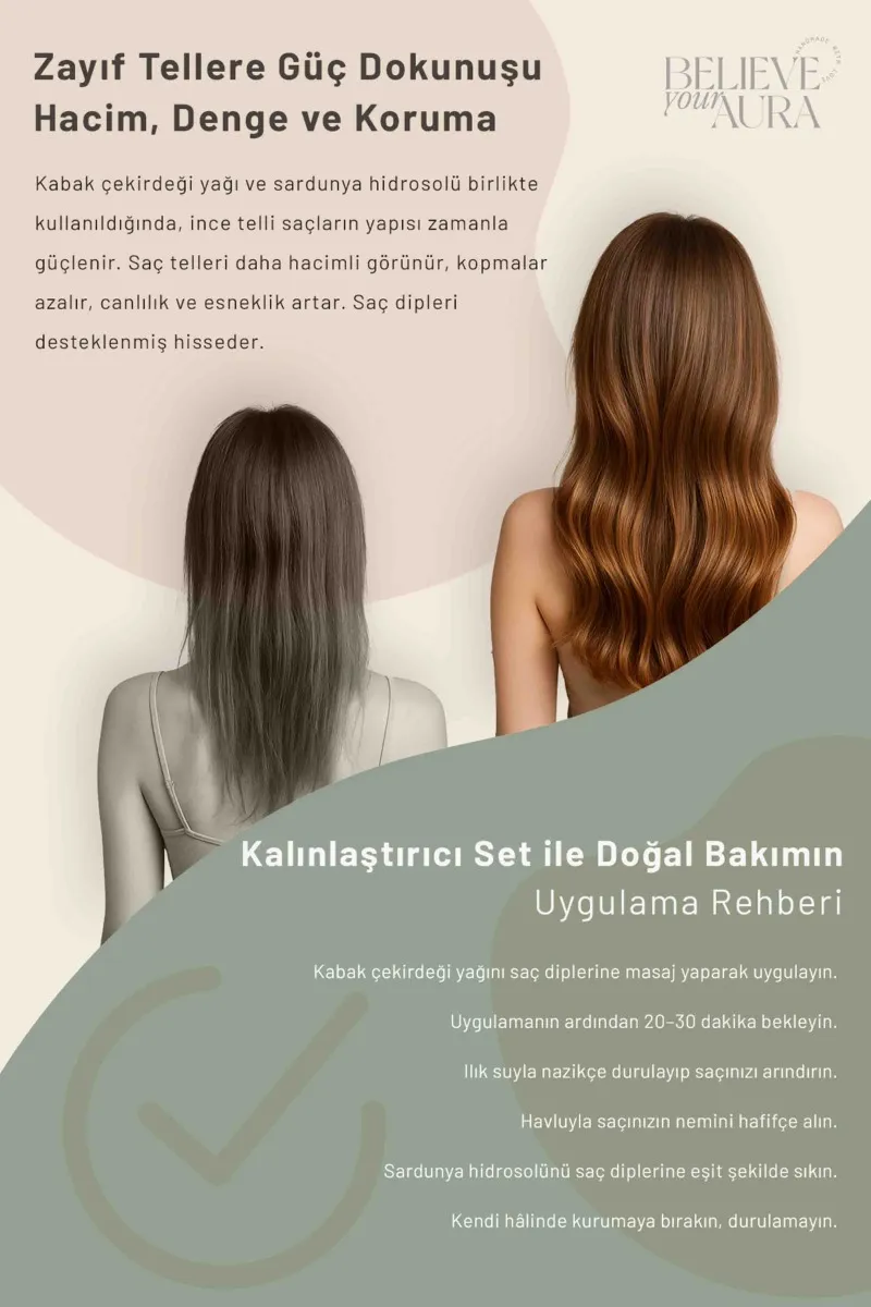 Believe Your Aura Kabak Çekirdeği Yağı ve Sardunya Tonik Kırılma Karşıtı Sıkılaştırcı Doğal Saç ve Cilt Bakım Seti SACKBKSAR-2