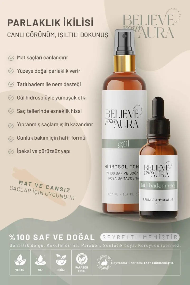 Believe Your Aura Tatlı Badem Yağı ve Gül Suyu Besleyici Parlaklık Verici Yatıştırıcı Cilt ve Saç Bakım Seti SACTBDGUL-2