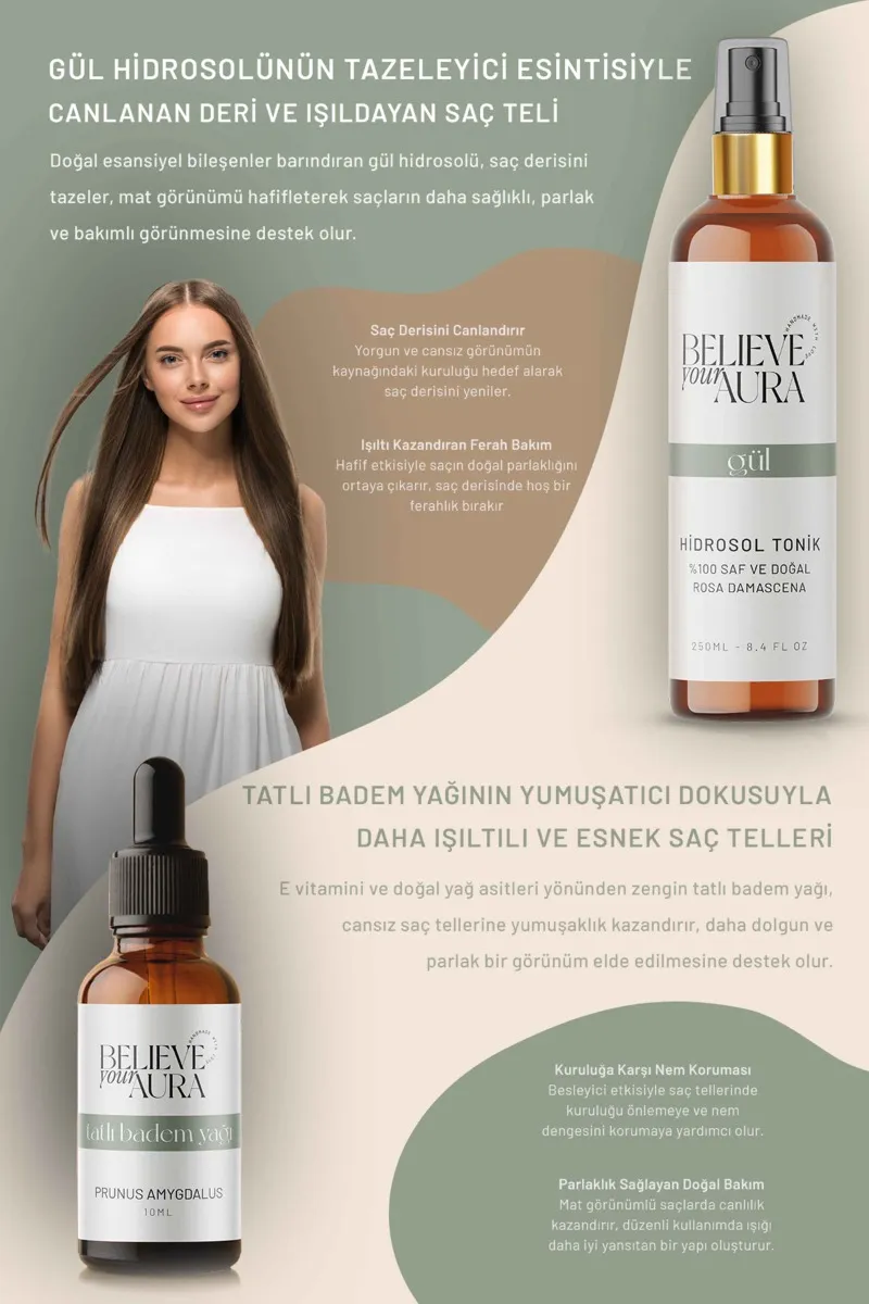 Believe Your Aura Tatlı Badem Yağı ve Gül Suyu Besleyici Parlaklık Verici Yatıştırıcı Cilt ve Saç Bakım Seti SACTBDGUL-2