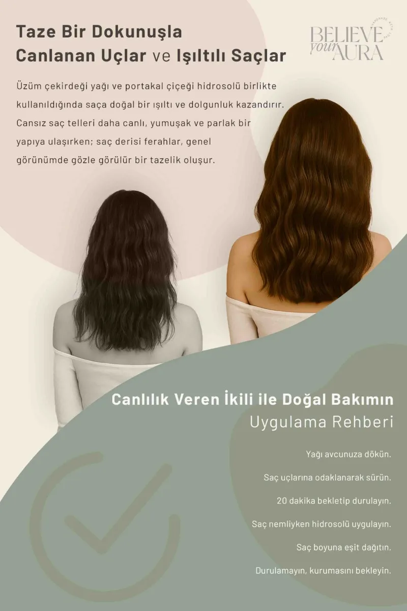 Believe Your Aura Üzüm Çekirdeği Yağı ve Portakal Çiçeiğ (Neroli) Hidrosolü - Canlandırıcı Saç ve Cilt Bakım Seti SACUCKPTC-2