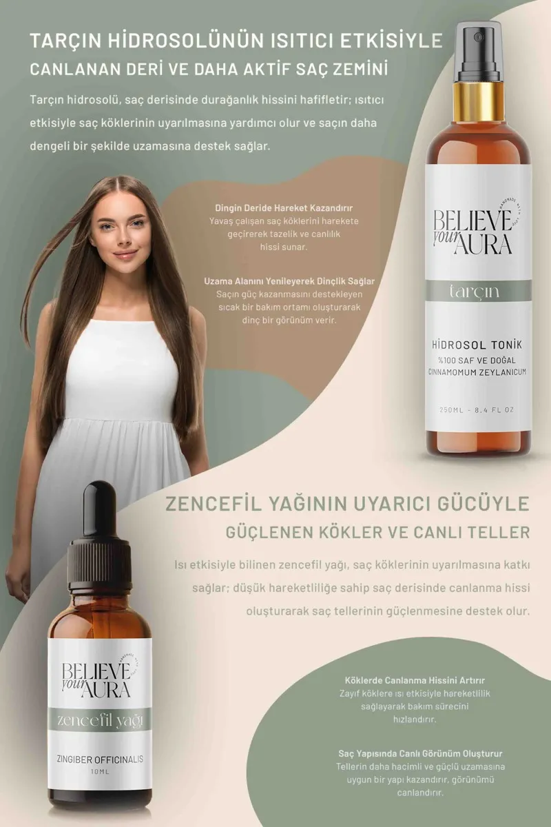 Believe Your Aura Zencefil Yağı ve Tarçın Hidrosolü - Dökülme ve Kepet Karşıtı Arındırıcı Doğal Saç ve Cilt Bakım Seti SACZCFTRC-2