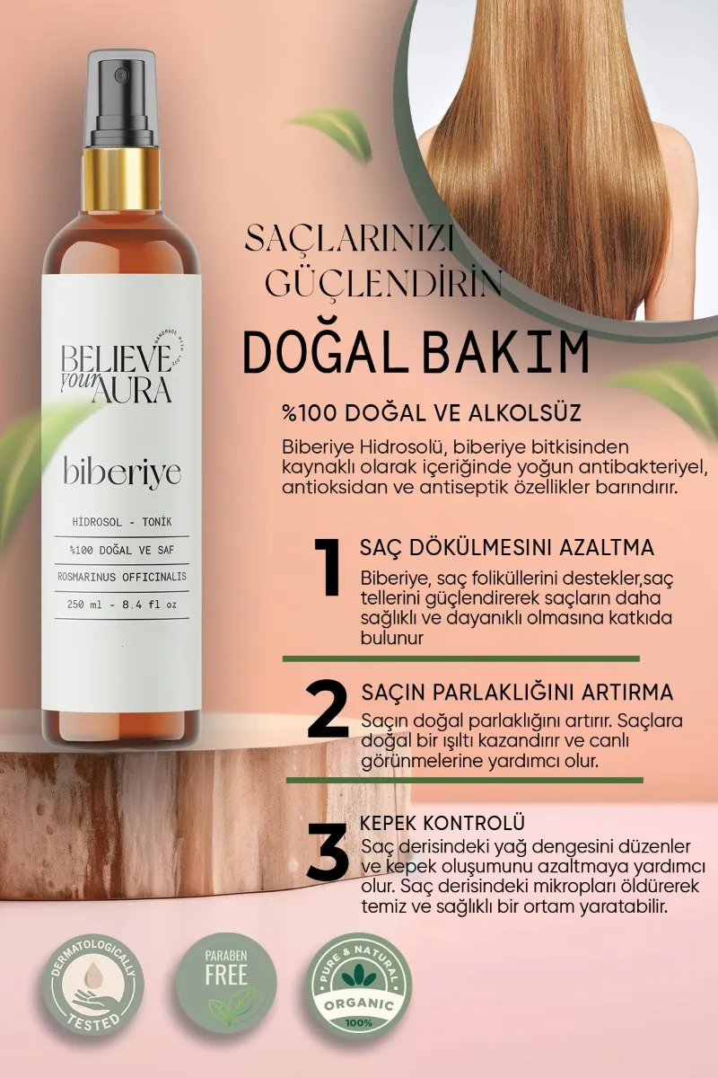 Believe Your Aura Biberiye Cilt ve Saç Bakım Seti - %100 Saf ve Doğal Biberye Yağı Biberiye Suyu ve Cilt Sıvı Sabunu SETATYBBR-153