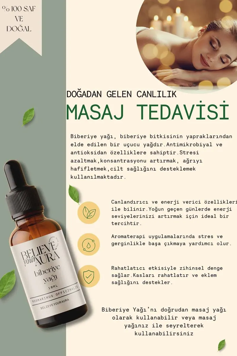 Believe Your Aura Biberiye Cilt ve Saç Bakım Seti - %100 Saf ve Doğal Biberye Yağı Biberiye Suyu ve Cilt Sıvı Sabunu SETATYBBR-153