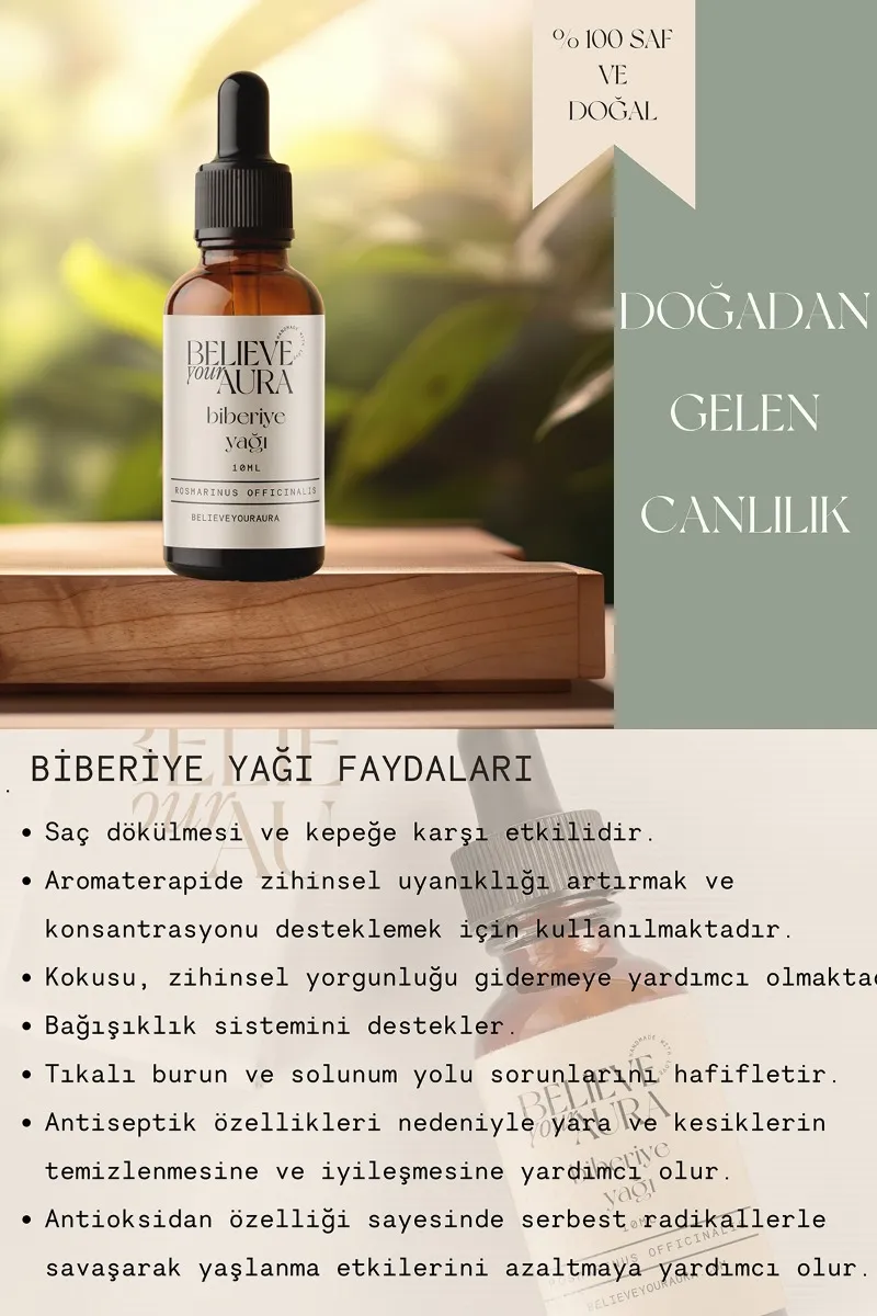 Believe Your Aura Biberiye Cilt ve Saç Bakım Seti - %100 Saf ve Doğal Biberye Yağı Biberiye Suyu ve Cilt Sıvı Sabunu SETATYBBR-153