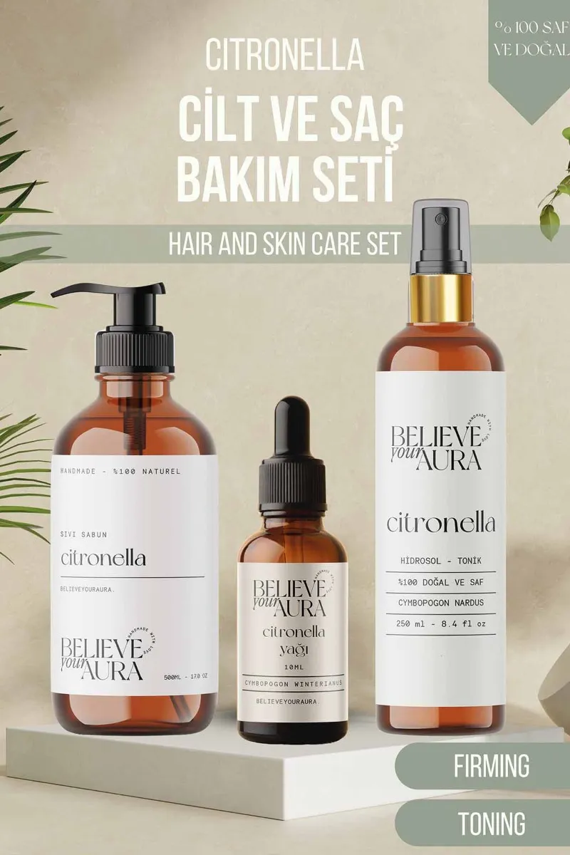 Believe Your Aura Citronella Cilt ve Saç Bakım Seti - %100 Saf ve Doğal Citronella Yağı, Citronella Hidrosolü ve Citronella Cilt Sabunu SETATYCTR-200