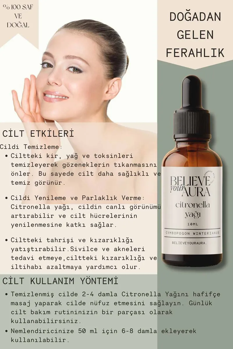 Believe Your Aura Citronella Cilt ve Saç Bakım Seti - %100 Saf ve Doğal Citronella Yağı, Citronella Hidrosolü ve Citronella Cilt Sabunu SETATYCTR-200