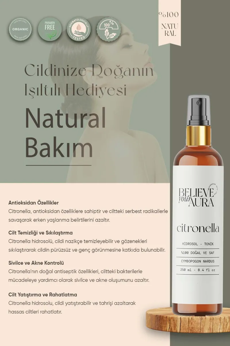 Believe Your Aura Citronella Cilt ve Saç Bakım Seti - %100 Saf ve Doğal Citronella Yağı, Citronella Hidrosolü ve Citronella Cilt Sabunu SETATYCTR-200