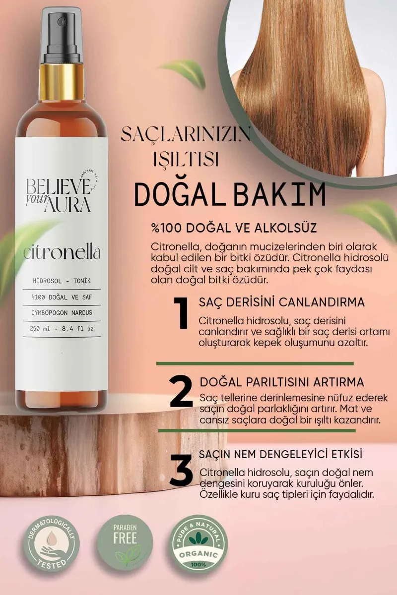 Believe Your Aura Citronella Cilt ve Saç Bakım Seti - %100 Saf ve Doğal Citronella Yağı, Citronella Hidrosolü ve Citronella Cilt Sabunu SETATYCTR-200