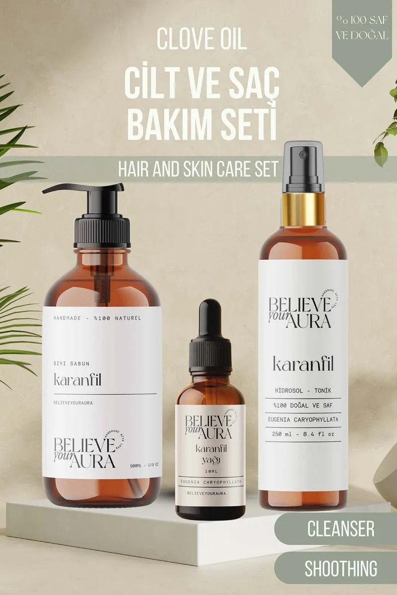 Believe Your Aura Karanfil Cilt Bakım Seti - %100 Saf ve Doğal Karanfil Yağı Karanfil Hidrosolü Karanfil El ve Cilt Sıvı Sabunu SETATYKRF-602