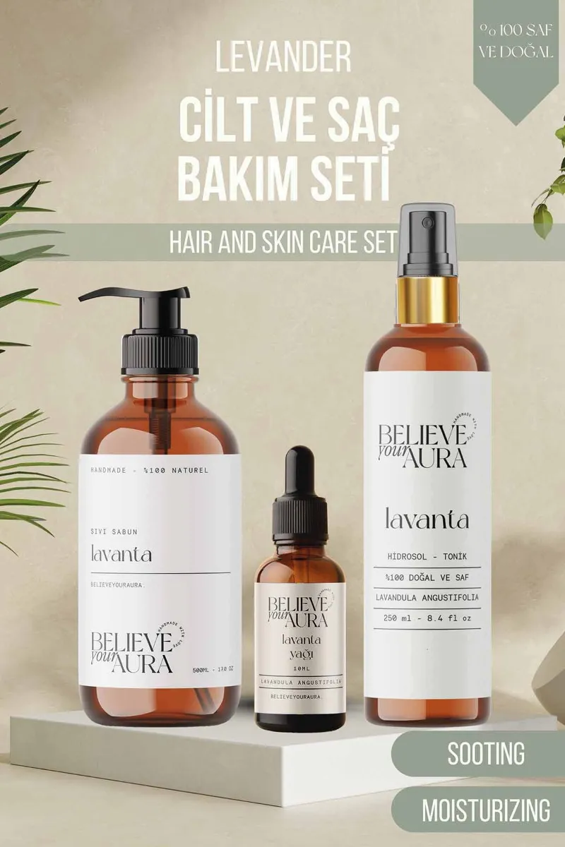 Believe Your Aura Lavanta Cilt Bakım Seti - %100 Saf ve Doğal Lavanta Yağı Lavanta Hidrosolü Lavanta El ve Cilt Sıvı Sabunu SETATYLVN-607