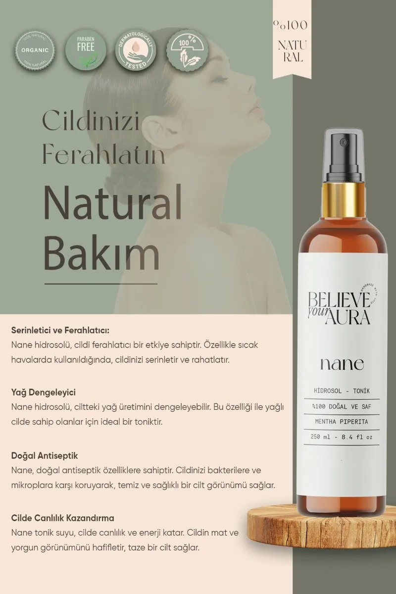Believe Your Aura Nane Cilt Bakım Seti - %100 Saf ve Doğal Nane Yağı Nane Hidrosolü Nane El ve Cilt Sıvı Sabunu SETATYNNE-750