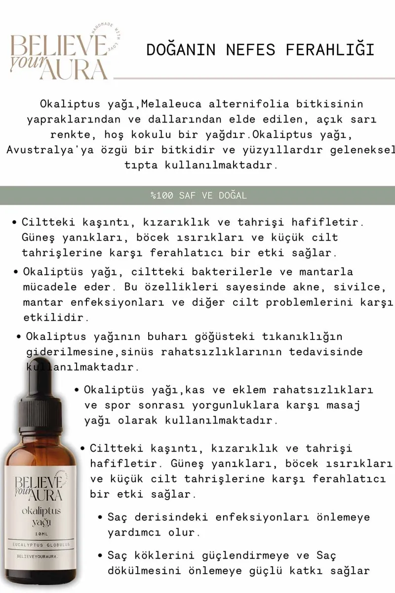 Believe Your Aura Okaliptus Cilt Bakım Seti - %100 Saf ve Doğal Okaliptus Yağı Okaliptus Hidrosolü Okaliptus El ve Cilt Sıvı Sabunu SETATYOKL-800