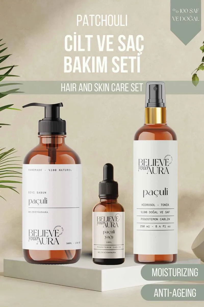 Believe Your Aura Paçuli Cilt Bakım Seti %100 Saf ve Doğal Paçuli Yağı Paçuli Hidrosolü Paçuli El ve Cilt Sıvı Sabunu SETATYPCL-850