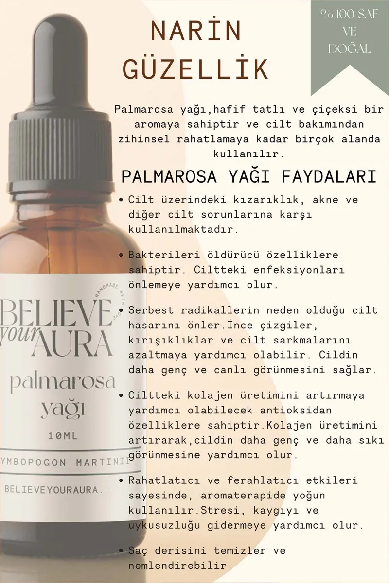 Believe Your Aura Palmarosa Cilt Bakım Seti - %100 Saf ve Doğal Palmarosa Yağı Palmarosa Hidrosolü Palmarosa El ve Cilt Sıvı Sabunu SETATYPLM-851