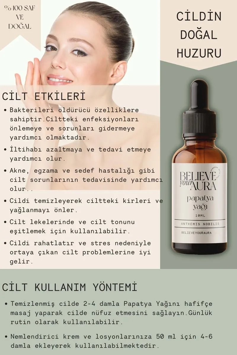 Believe Your Aura Papatya Cilt Bakım Seti %100 Saf ve Doğal Papatya Yağı Papatya Hidrosolü Papatya El ve Cilt Sıvı Sabunu SETATYPPT-852
