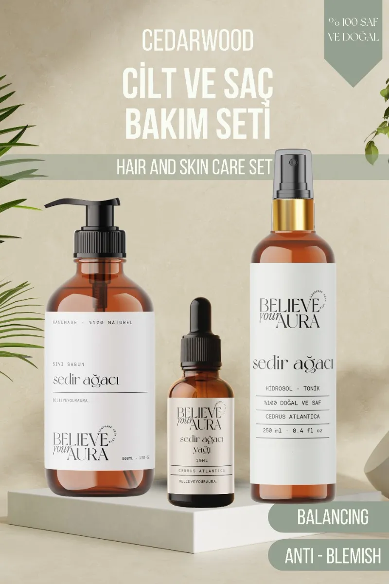Believe Your Aura Sedir Ağacı Cilt Bakım Seti - %100 Saf ve Doğal Sedir Ağacı Yağı Sedir Ağacı Hidrosolü Sedir Ağacı El ve Cilt Sıvı Sabunu SETATYSDA-953