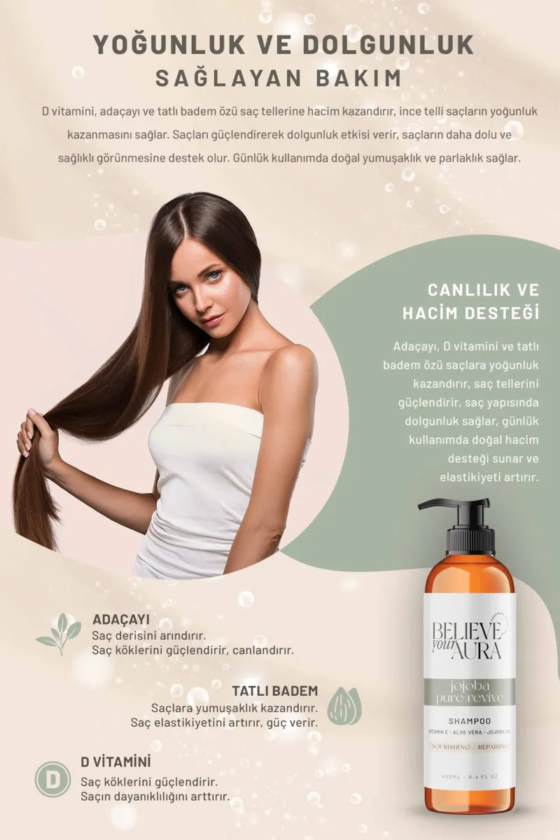 Believe Your Aura Adaçayı Yağı Şampuanı D Vitamini Keratin Aloe Vera Kepek Karşıtı Doğal Saç Bakım Şampuanı SHMPADC-02