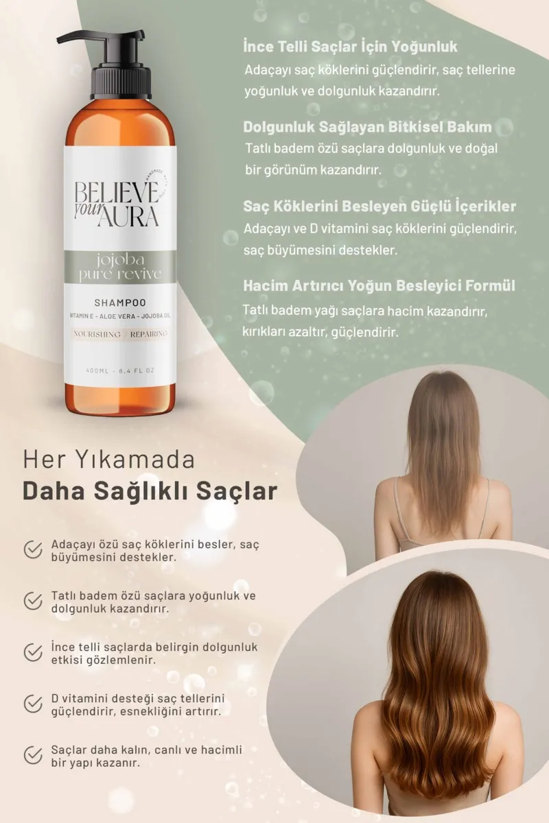 Believe Your Aura Tatlı Badem ve Ada Çayı Yağı Şampuanı Hacim Veren Besleyeci Doğal Saç Bakım Şampuanı SHMPADC-01