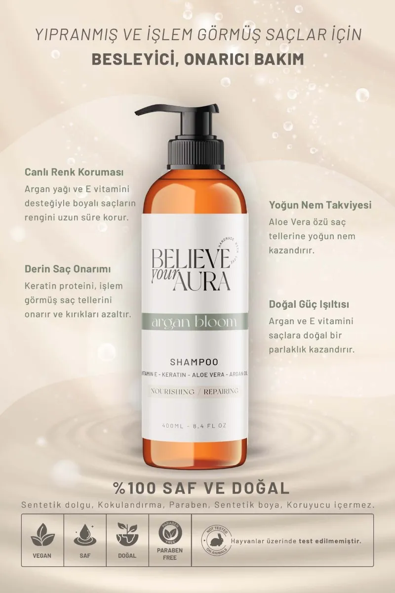 Believe Your Aura Argan Yağı Şampuanı Boyalı Yıpranmış Kuru Saçlar Besleyici Onarıcı Saç Bakım Şampuanı SHMPARG-01