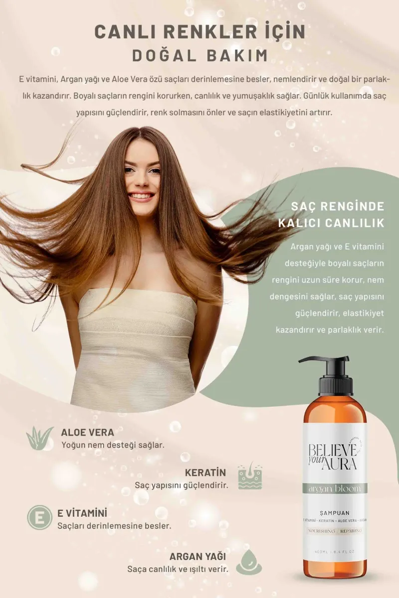 Believe Your Aura Argan Yağı Şampuanı Boyalı Yıpranmış Kuru Saçlar Besleyici Onarıcı Saç Bakım Şampuanı SHMPARG-01