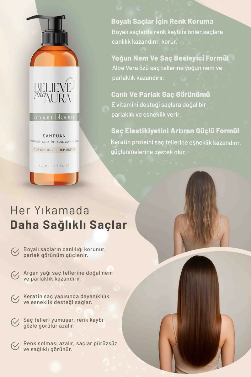 Believe Your Aura Argan Yağı Şampuanı Boyalı Yıpranmış Kuru Saçlar Besleyici Onarıcı Saç Bakım Şampuanı SHMPARG-01