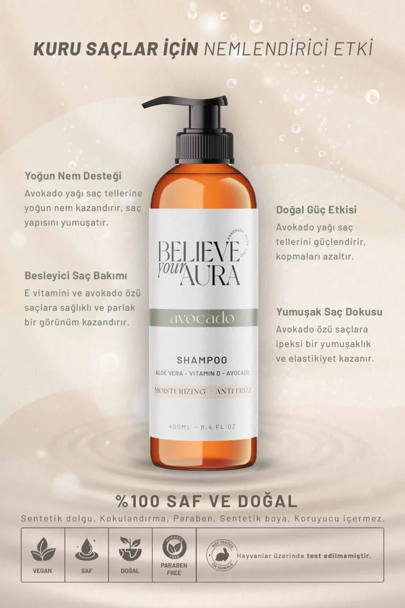 Believe Your Aura Avokado Yağı Şampuanı E Vitamini Keratin Doğal Besleyici Onarıcı Saç Bakım Şampuanı SHMPAVK-01