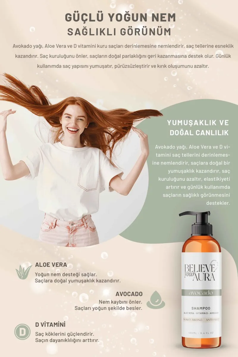 Believe Your Aura Avokado Yağı Şampuanı E Vitamini Keratin Doğal Besleyici Onarıcı Saç Bakım Şampuanı SHMPAVK-01