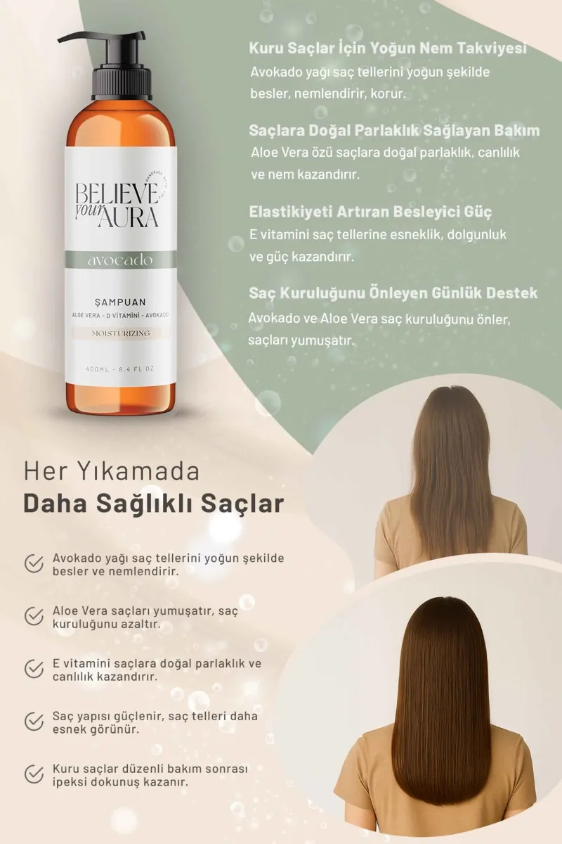 Believe Your Aura Avokado Yağı Şampuanı E Vitamini Keratin Doğal Besleyici Onarıcı Saç Bakım Şampuanı SHMPAVK-01