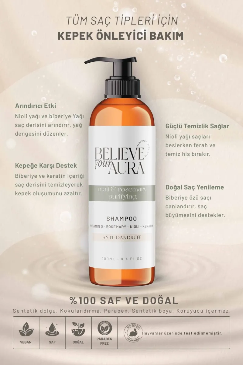Believe Your Aura Nioli Biberiye Yağı Şampuanı Kepek Karşıtı Arındıcı Doğal Saç Bakım Şampuanı SHMPBBR-01