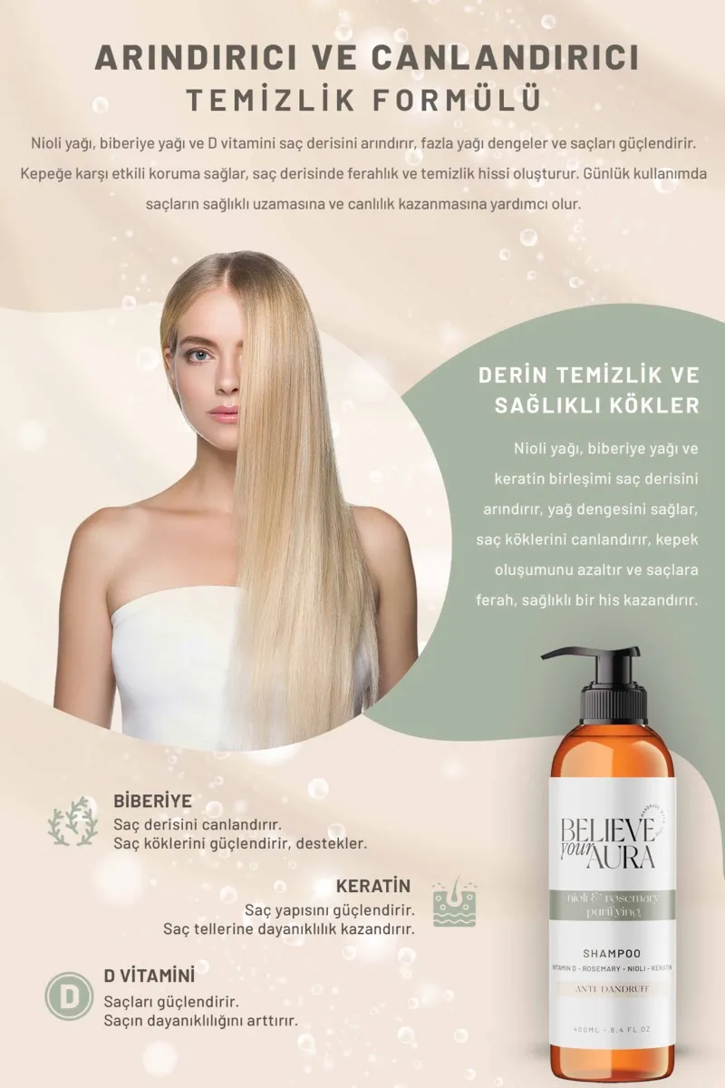 Believe Your Aura Nioli Biberiye Yağı Şampuanı Kepek Karşıtı Arındıcı Doğal Saç Bakım Şampuanı SHMPBBR-01