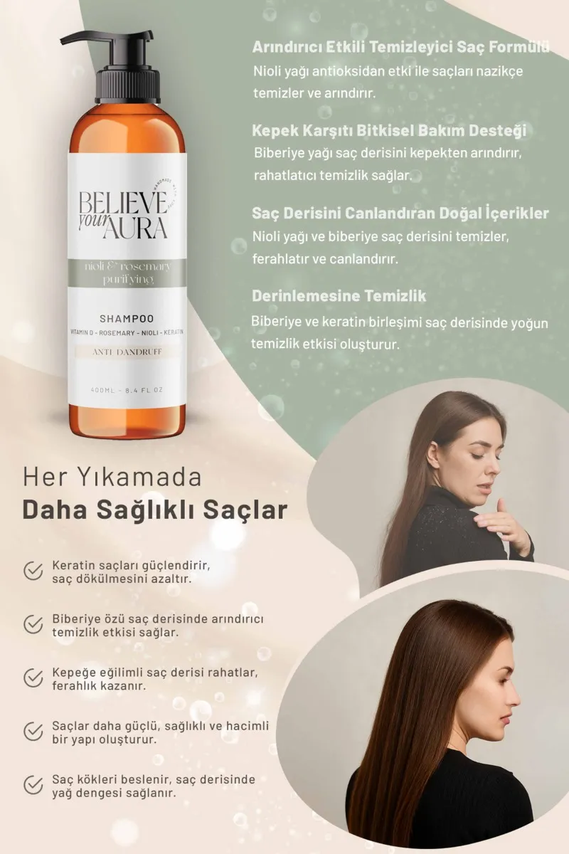 Believe Your Aura Nioli Biberiye Yağı Şampuanı Kepek Karşıtı Arındıcı Doğal Saç Bakım Şampuanı SHMPBBR-01