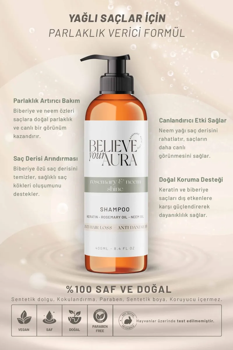 Believe Your Aura Biberiye ve Neem Yağı Şampuanı Kepek Önleyici Parlaklık Verici Doğal Saç Bakım Şampuanı SHMPBBR-02