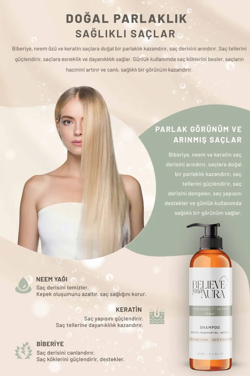Believe Your Aura Biberiye ve Neem Yağı Şampuanı Kepek Önleyici Parlaklık Verici Doğal Saç Bakım Şampuanı SHMPBBR-02