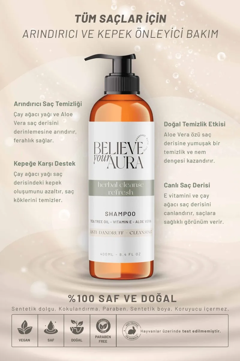Believe Your Aura Çay Ağacı Yağı Şampuanı Kepek Önleyici ve Arındırıcı Doğal Saç Bakım Şampuanı SHMPCAY-01