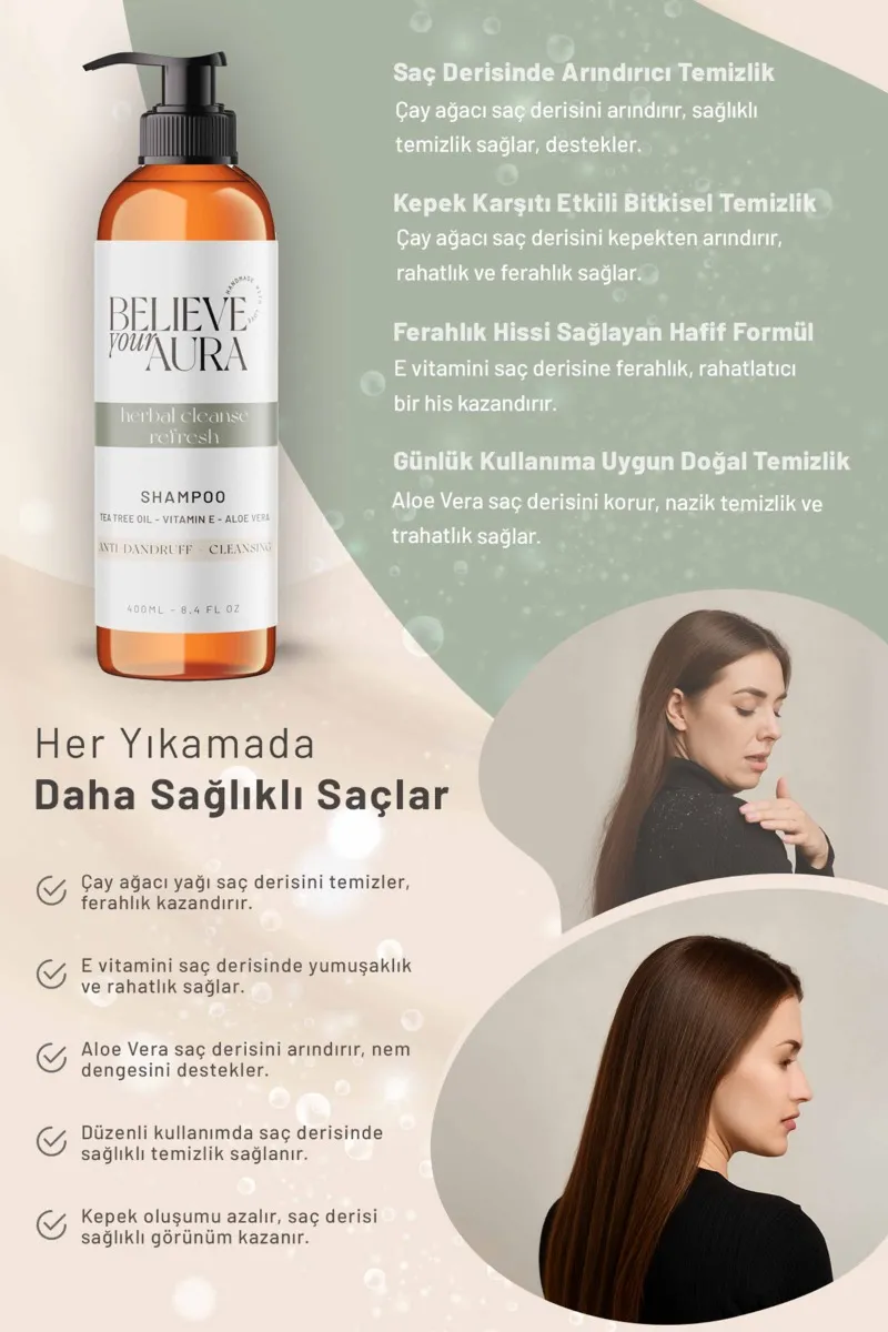 Believe Your Aura Çay Ağacı Yağı Şampuanı Kepek Önleyici ve Arındırıcı Doğal Saç Bakım Şampuanı SHMPCAY-01