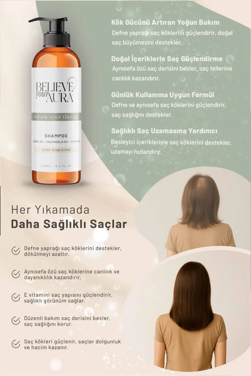 Believe Your Aura Defne ve Aynısefa Yağı Şampuanı Güçlendirici Dökülme Karşıtı Doğal Saç Bakım Şampuanı SHMPDFN-01