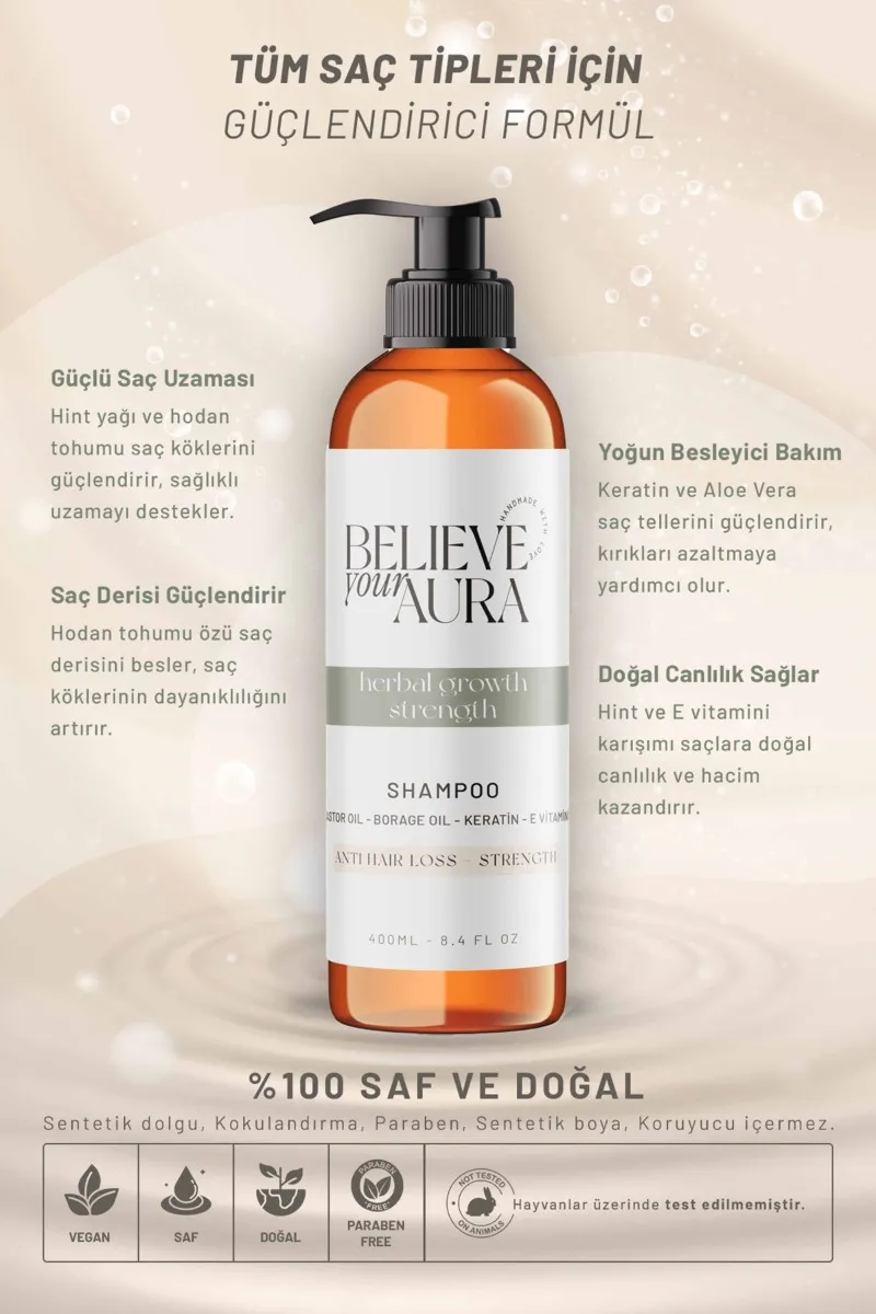 Believe Your Aura Hint ve Hodan Yağı Şampuanı Güçlendirici Doğal Saç Bakım Şampuanı SHMPHDN-01
