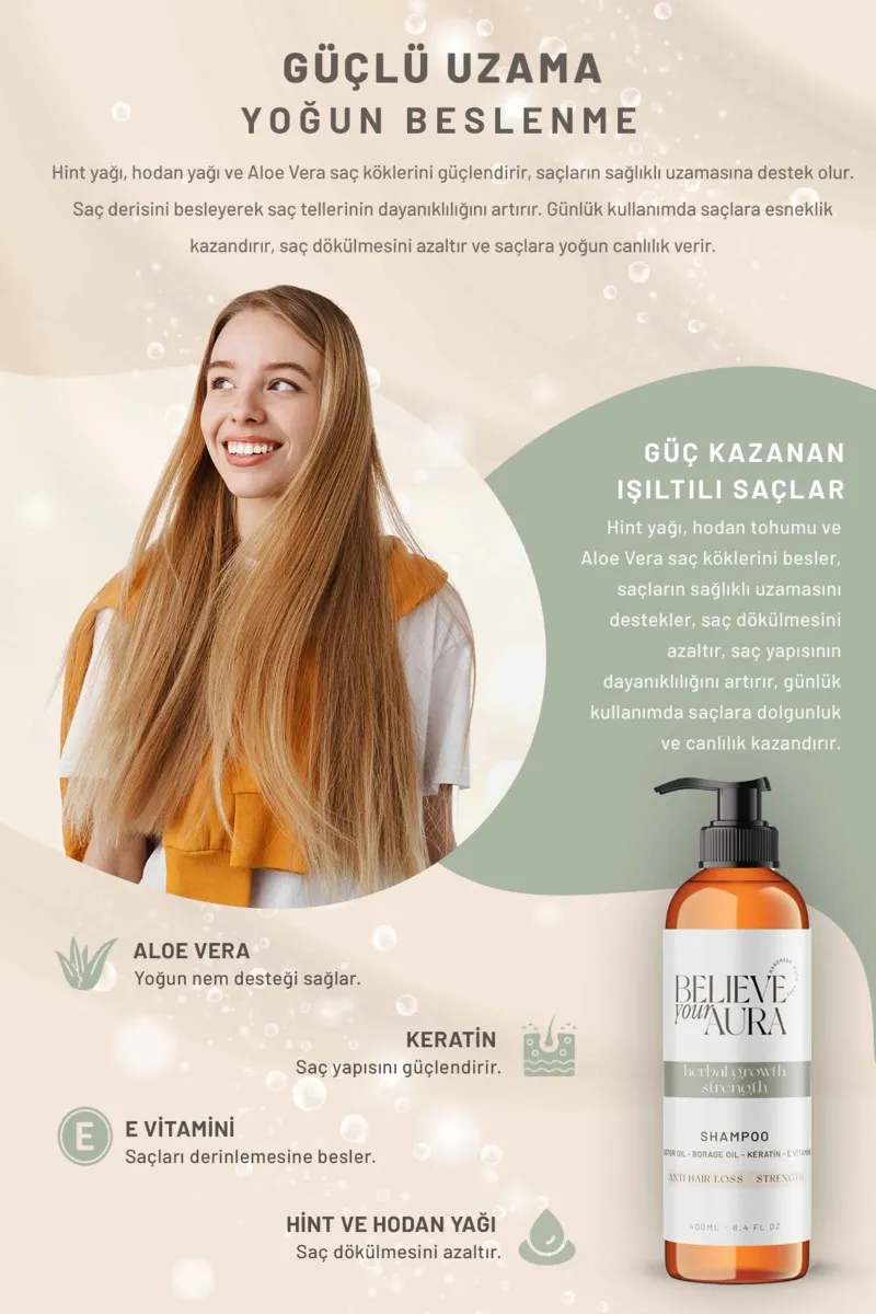 Believe Your Aura Hint ve Hodan Yağı Şampuanı Güçlendirici Doğal Saç Bakım Şampuanı SHMPHDN-01
