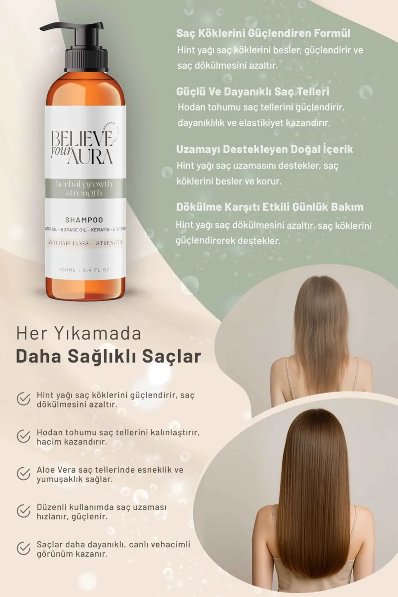 Believe Your Aura Hint ve Hodan Yağı Şampuanı Güçlendirici Doğal Saç Bakım Şampuanı SHMPHDN-01
