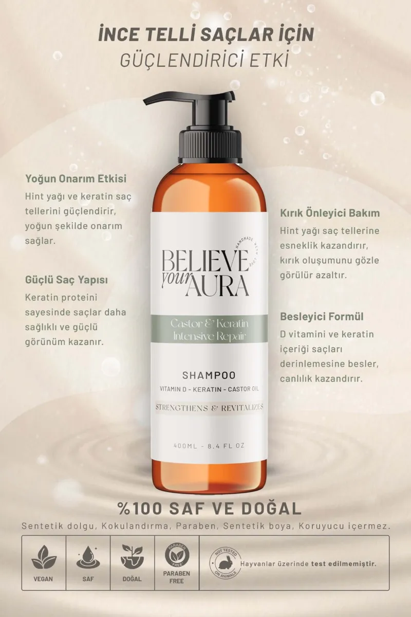 Believe Your Aura Hint Yağı Şampuanı D Vitamini Keratin Güçlendirici Canlandırıcı Doğal Saç Bakım Şampuanı SHMPHNT-01
