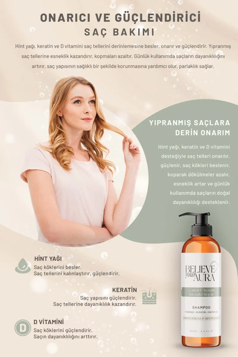 Believe Your Aura Hint Yağı Şampuanı D Vitamini Keratin Güçlendirici Canlandırıcı Doğal Saç Bakım Şampuanı SHMPHNT-01