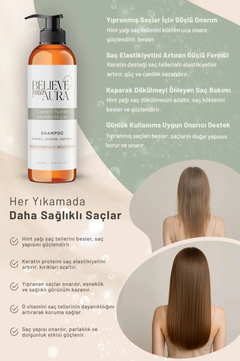 Believe Your Aura Hint Yağı Şampuanı D Vitamini Keratin Güçlendirici Canlandırıcı Doğal Saç Bakım Şampuanı SHMPHNT-01